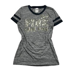PINK Victoria's Secret Glam Logo T Shirt Gray Black Stripe Sleeve Large Y2K